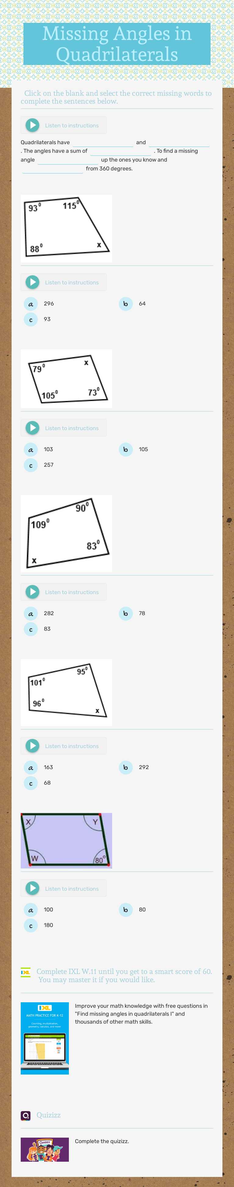 Missing Angles in Quadrilaterals worksheet preview image