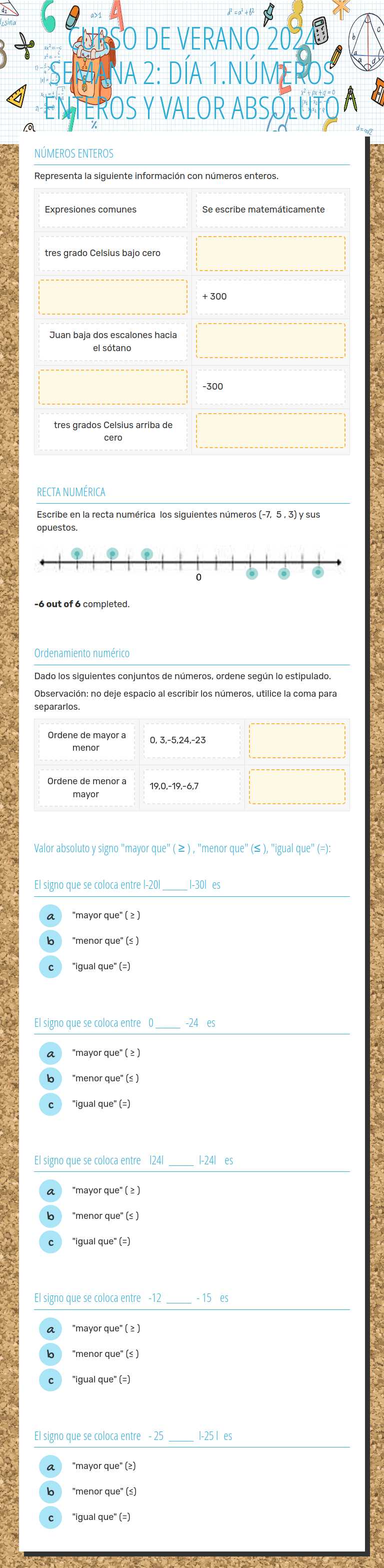CURSO DE VERANO 2024          SEMANA 2: DÍA 1.NÚMEROS ENTEROS Y VALOR ABSOLUTO worksheet preview image