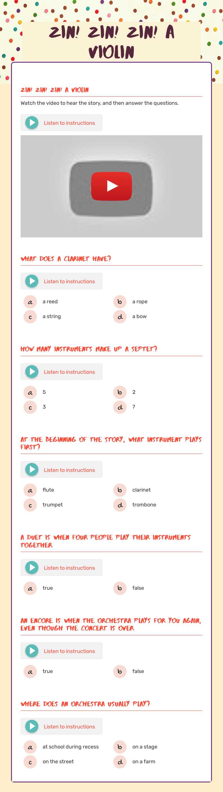 Zin! Zin! Zin! a violin Grade 2 worksheet preview