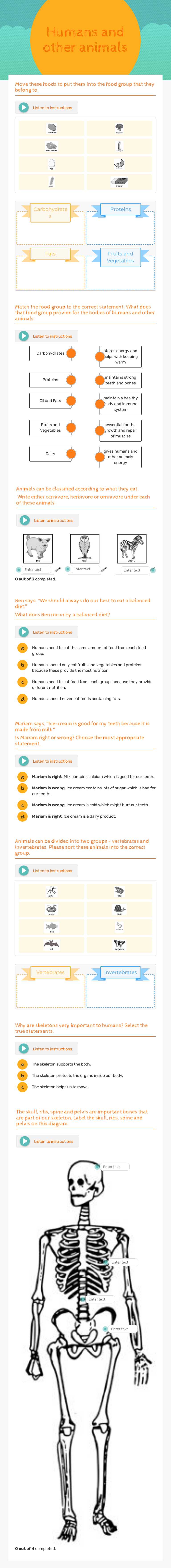 Humans and other animals Grade 3 worksheet preview