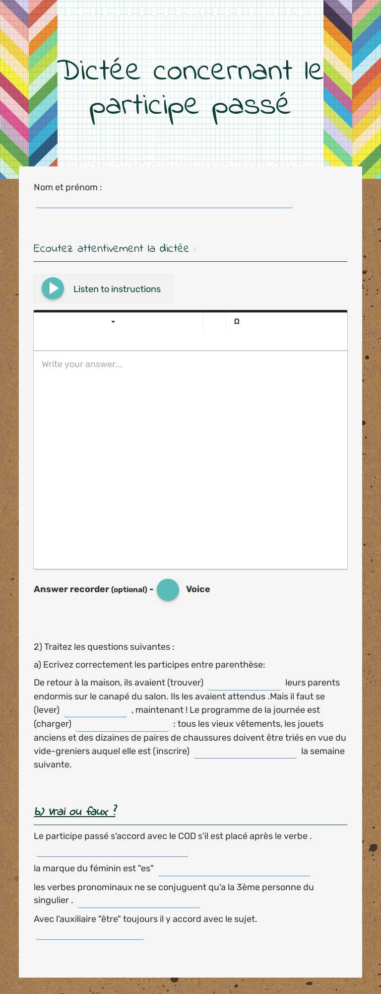 Dictée concernant le participe passé worksheet preview image