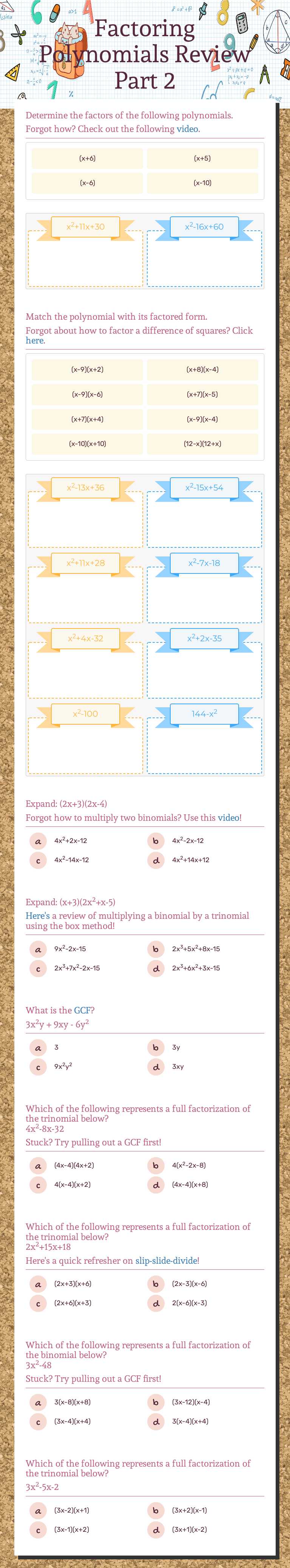 Factoring Polynomials Review Part 2 worksheet preview image
