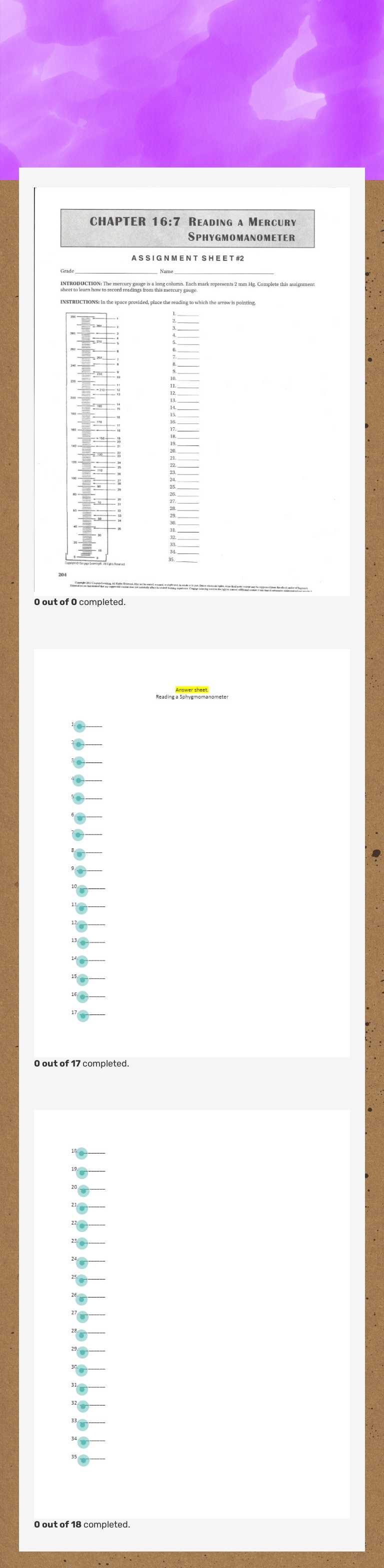 reading a sphygomanometer worksheet preview image