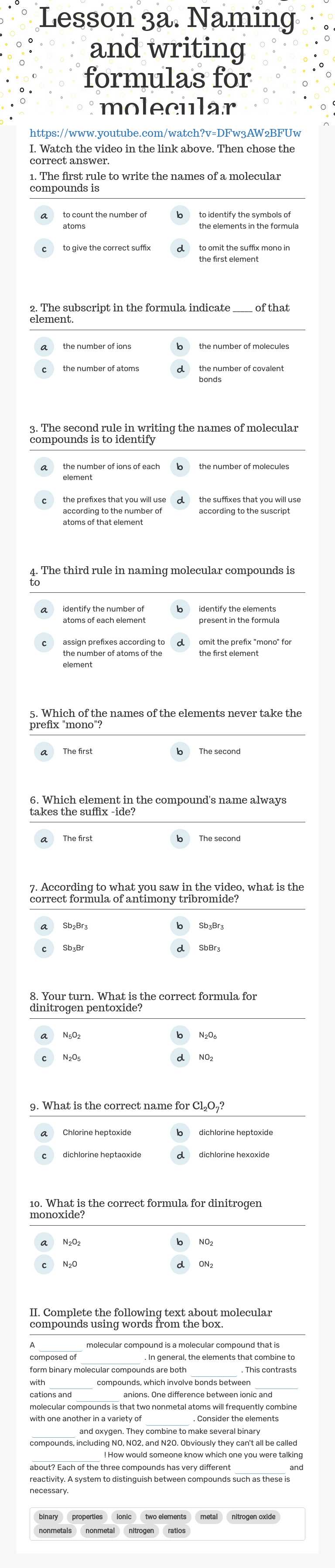 Interactive - Unit 3. Lesson 3a. Naming and writing formulas for molecular compounds worksheet preview image