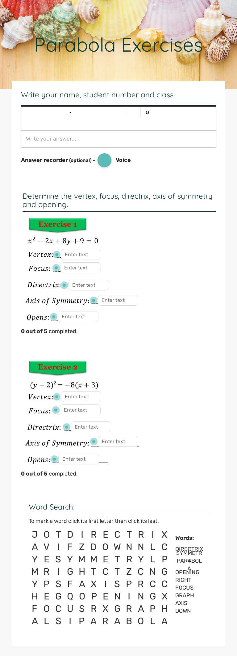 Parabola Exercises worksheet preview image