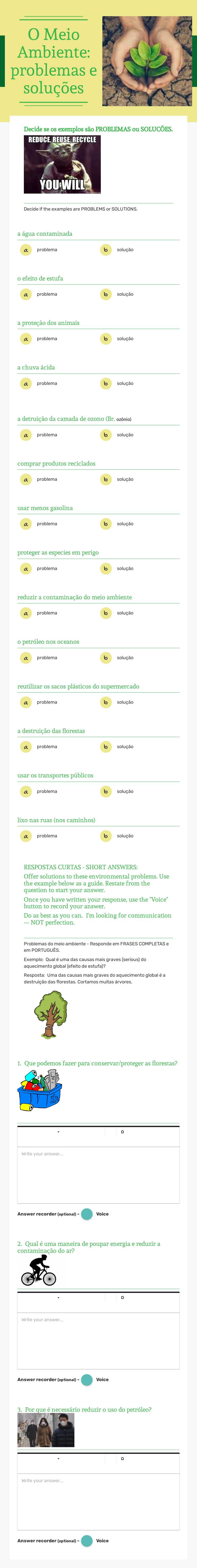 O Meio Ambiente: problemas e soluções worksheet preview image