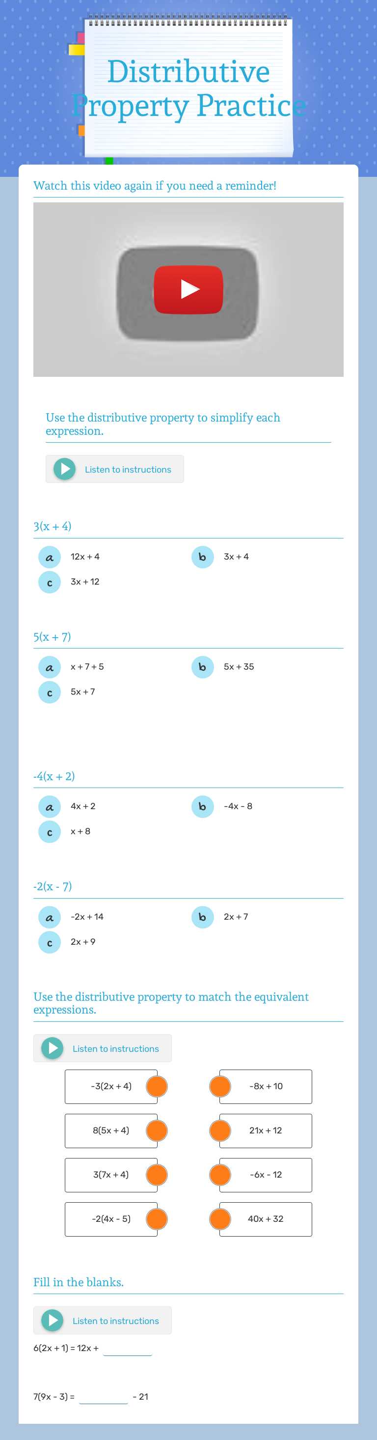 Distributive Property Practice Grade 8 worksheet preview