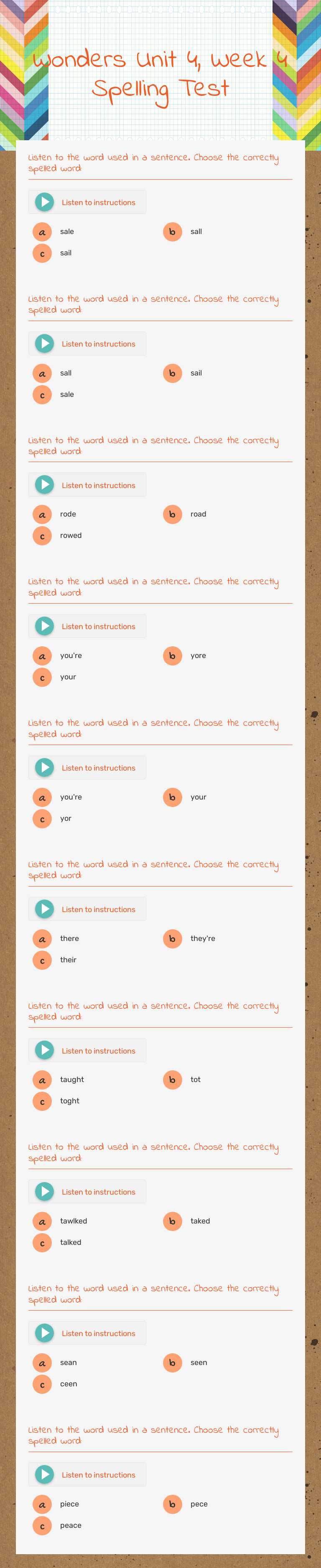 Wonders Unit 4, Week 4 Spelling Test worksheet preview image