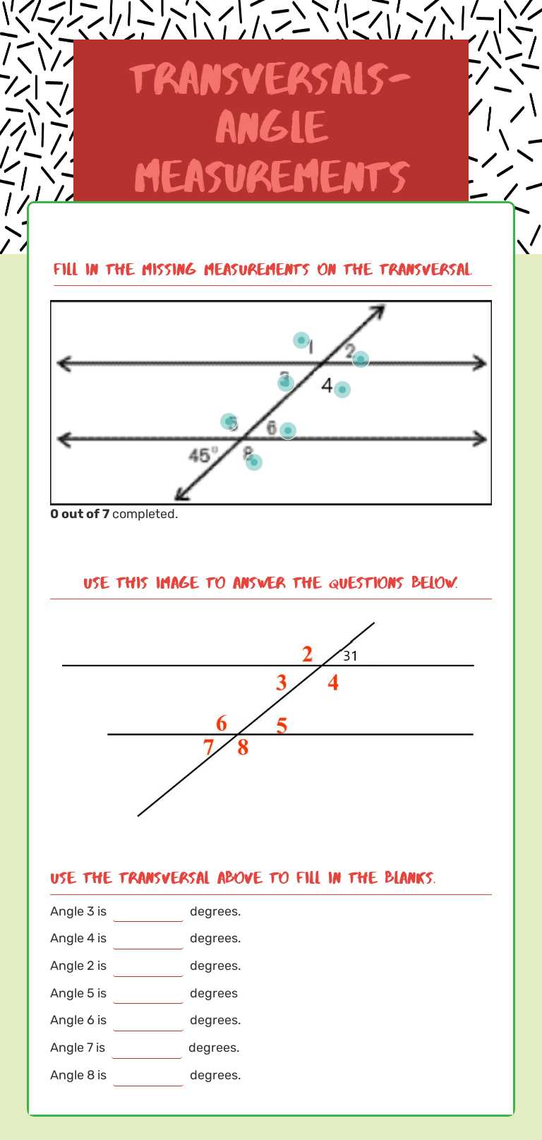 Transversals- Angle Measurements worksheet preview image