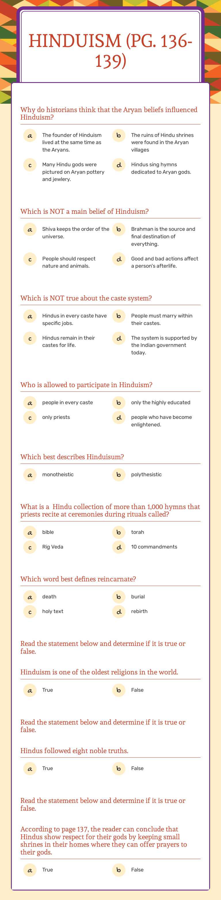 Hinduism            (pg. 136-139) worksheet preview image