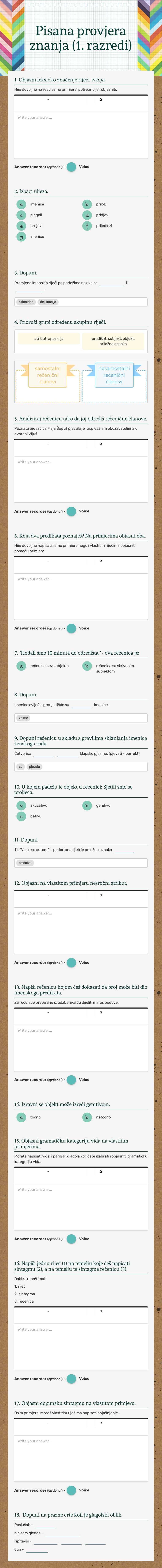 Pisana provjera znanja
(1. razredi) Grade 9 worksheet preview