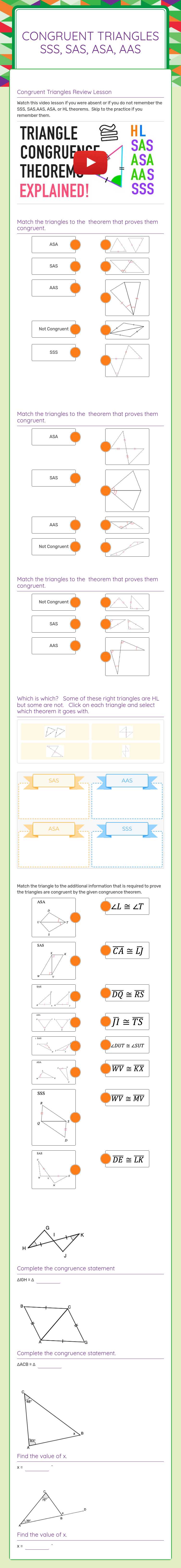 Congruent Triangles
SSS, SAS, ASA, AAS worksheet preview image