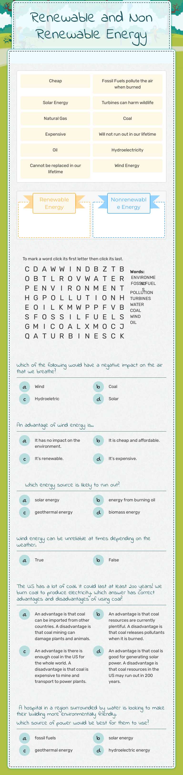 Renewable and Non Renewable Energy Grade 6 worksheet preview