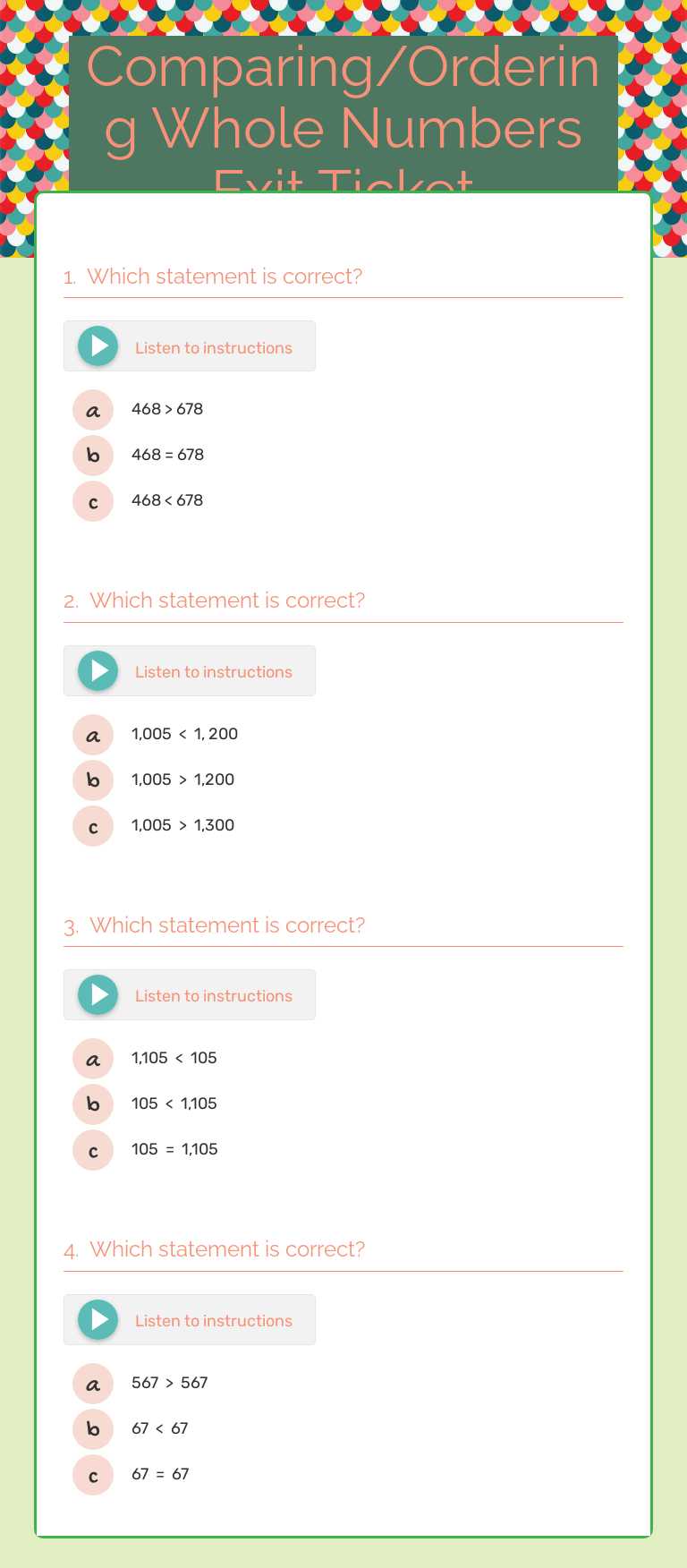 Comparing/Ordering Whole Numbers Exit Ticket Grade 4 worksheet preview