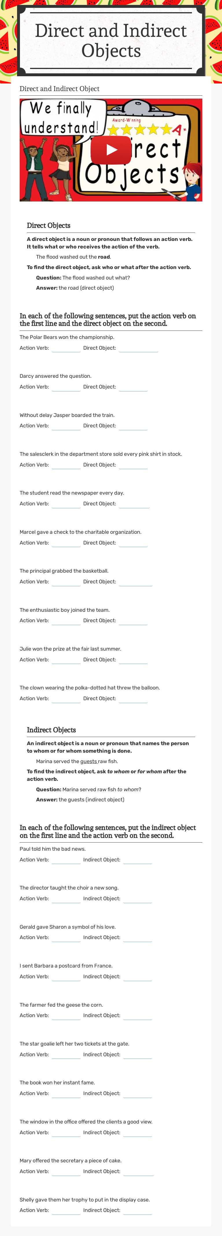 Direct and Indirect Objects worksheet preview image