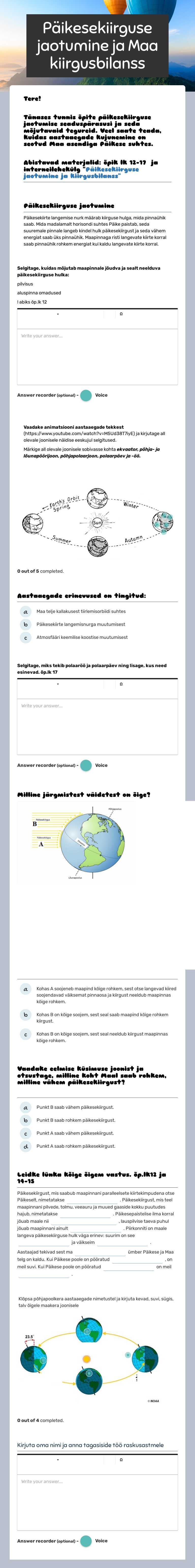 Päikesekiirguse jaotumine ja Maa kiirgusbilanss worksheet preview image