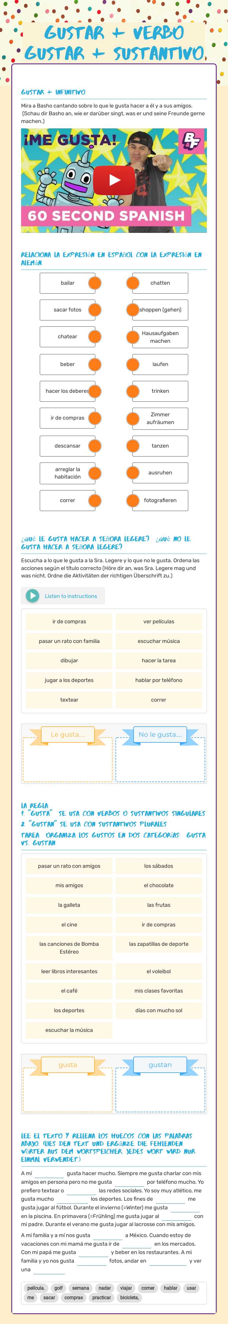 gustar + verbo gustar + sustantivo Grade 7 worksheet preview