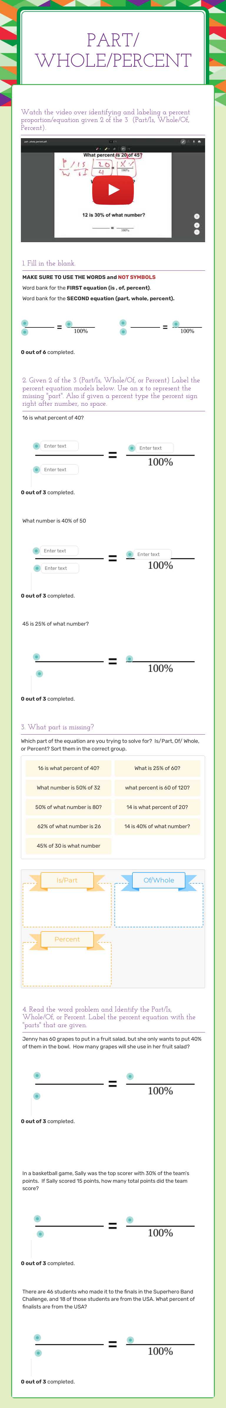 Part/ whole/percent Grade 6 worksheet preview