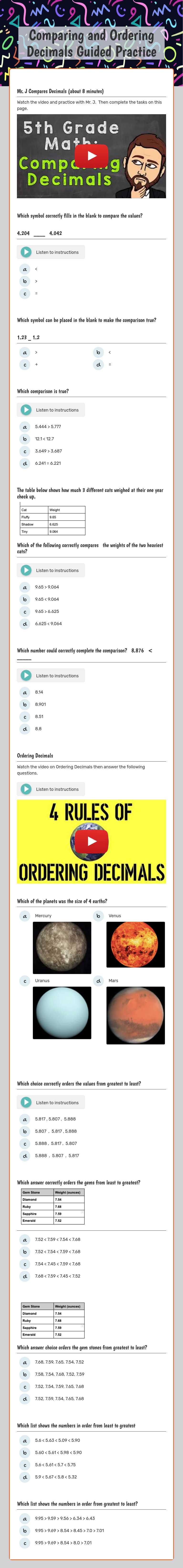 Comparing and Ordering Decimals Guided Practice Grade 5 worksheet preview