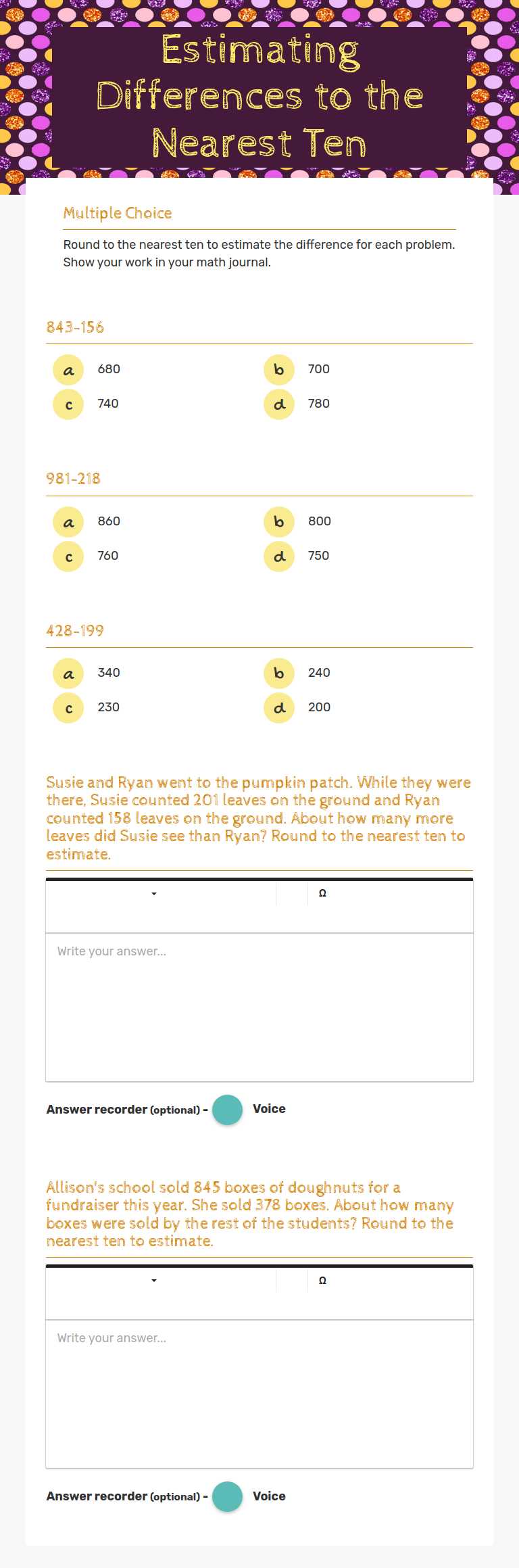 Estimating Differences to the Nearest Ten Grade 3 worksheet preview