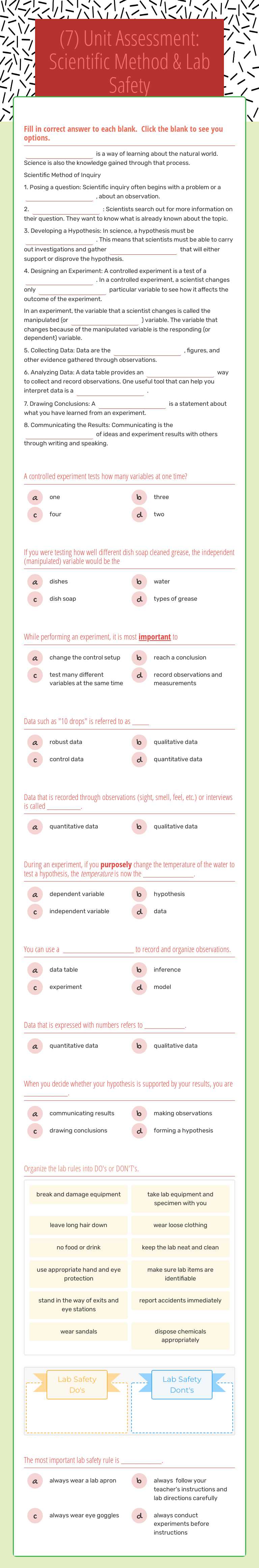 (7) Unit Assessment: Scientific Method & Lab Safety worksheet preview image
