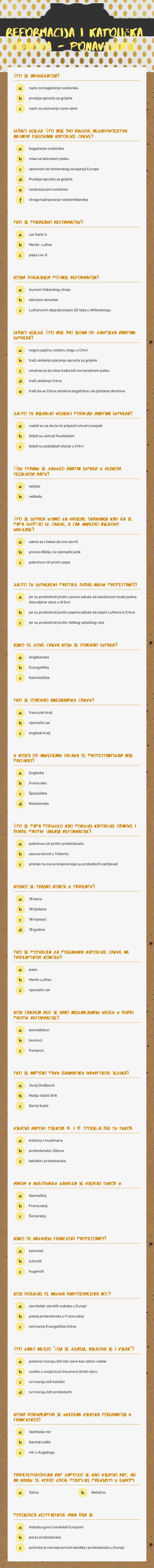 Reformacija i katolička obnova - ponavljanje Grade 6 worksheet preview
