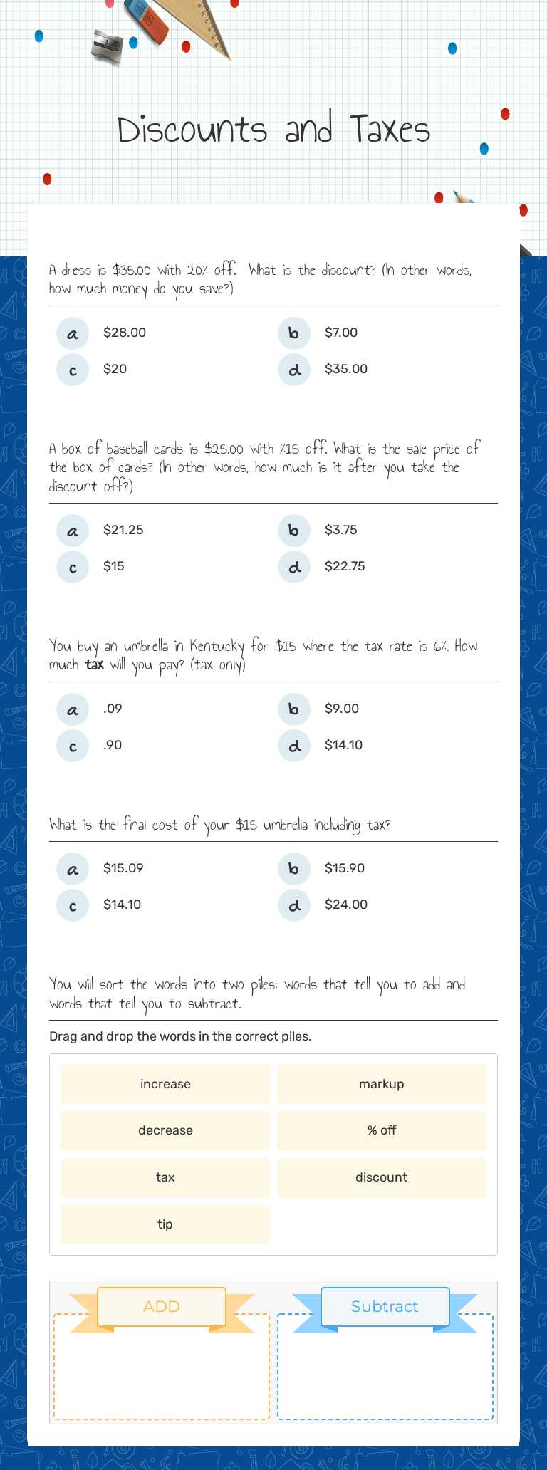 Discounts and Taxes worksheet preview image