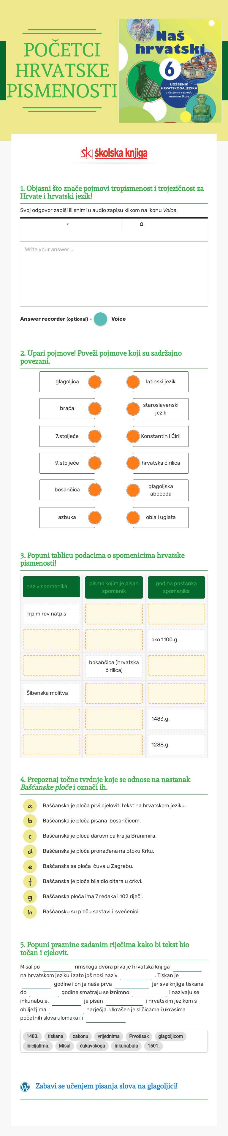 POČETCI HRVATSKE PISMENOSTI Grade 6 worksheet preview