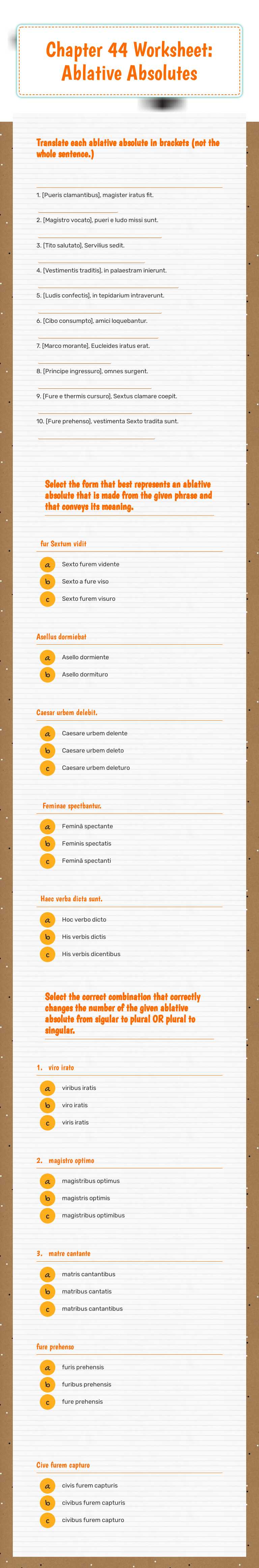 Chapter 44 Worksheet:  Ablative Absolutes Grade 10 worksheet preview