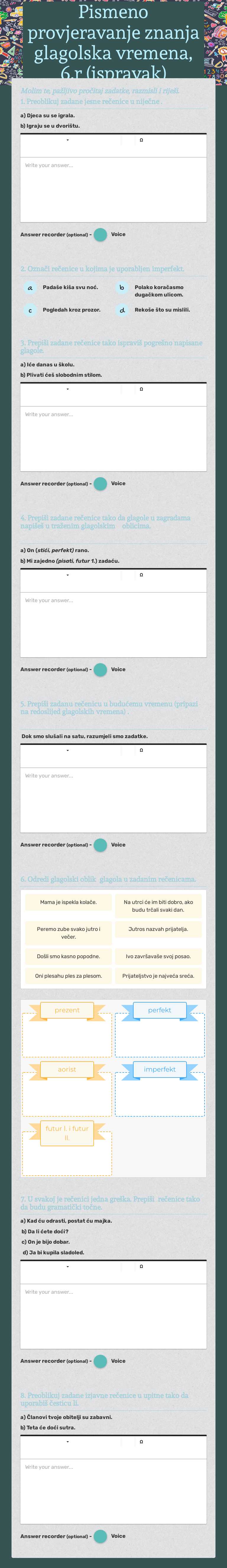 Pismeno provjeravanje znanja glagolska vremena, 6.r (ispravak) worksheet preview image