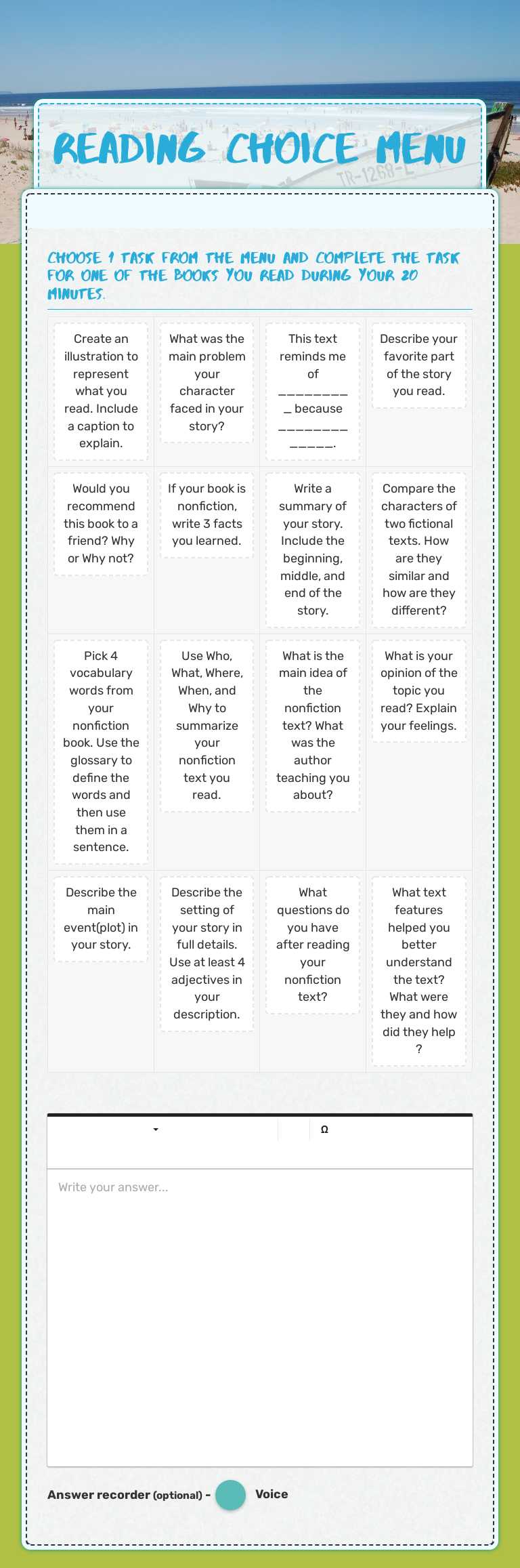 Reading Choice Menu worksheet preview image