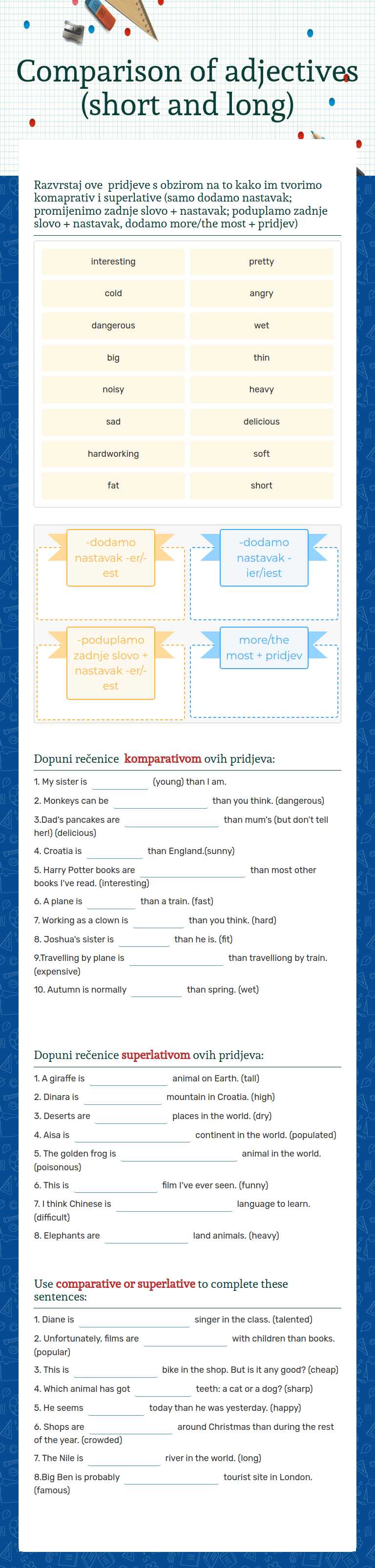 Comparison of adjectives (short and long) worksheet preview image