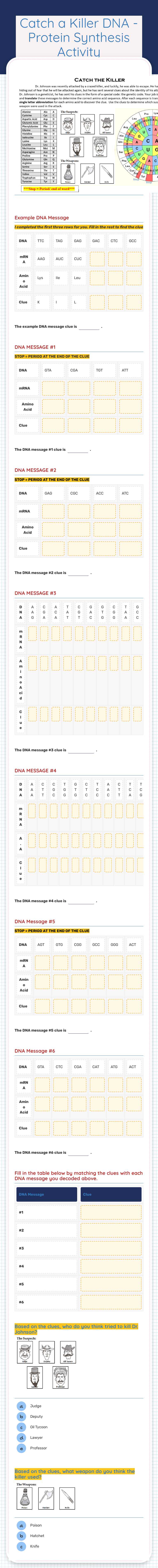 Catch a Killer DNA - Protein Synthesis Activity worksheet preview image
