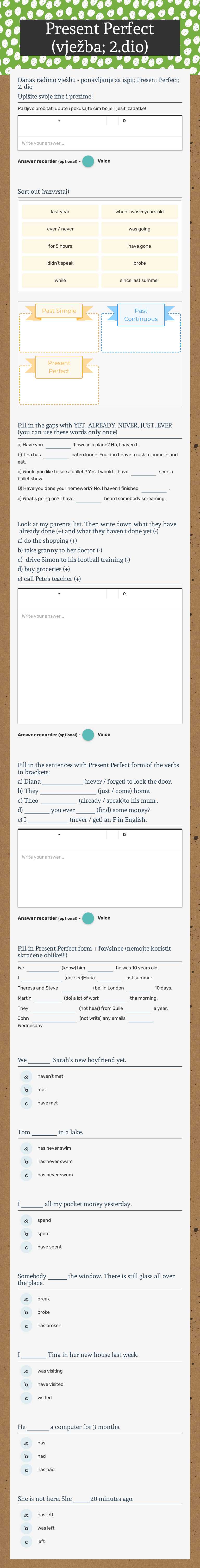 Present Perfect (vježba; 2.dio) Grade 7 worksheet preview