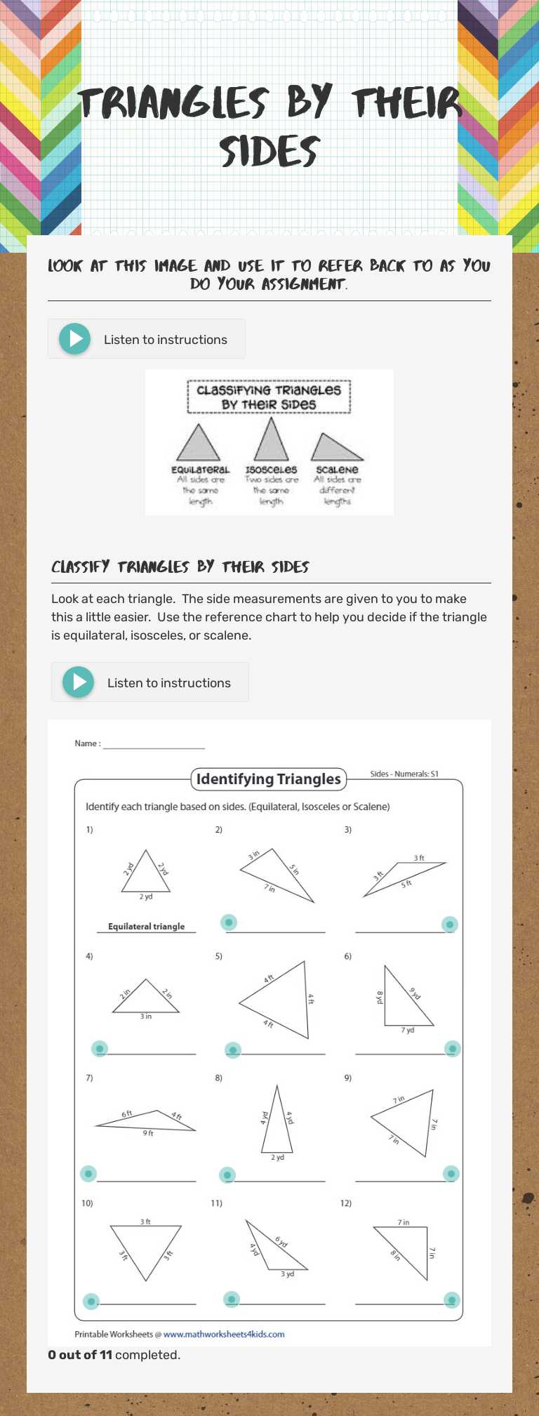Triangles by their sides worksheet preview image