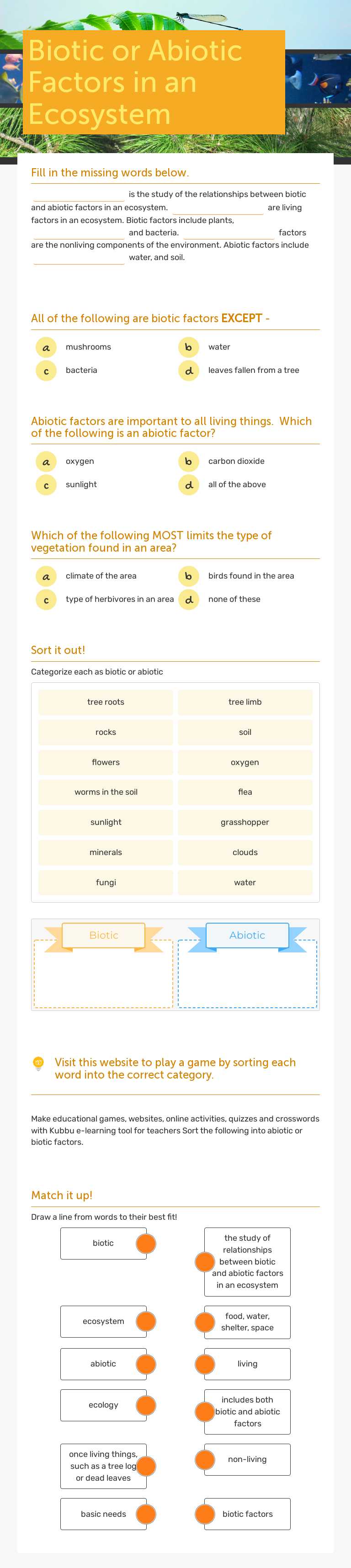 Biotic or Abiotic Factors in an Ecosystem Grade 6 worksheet preview