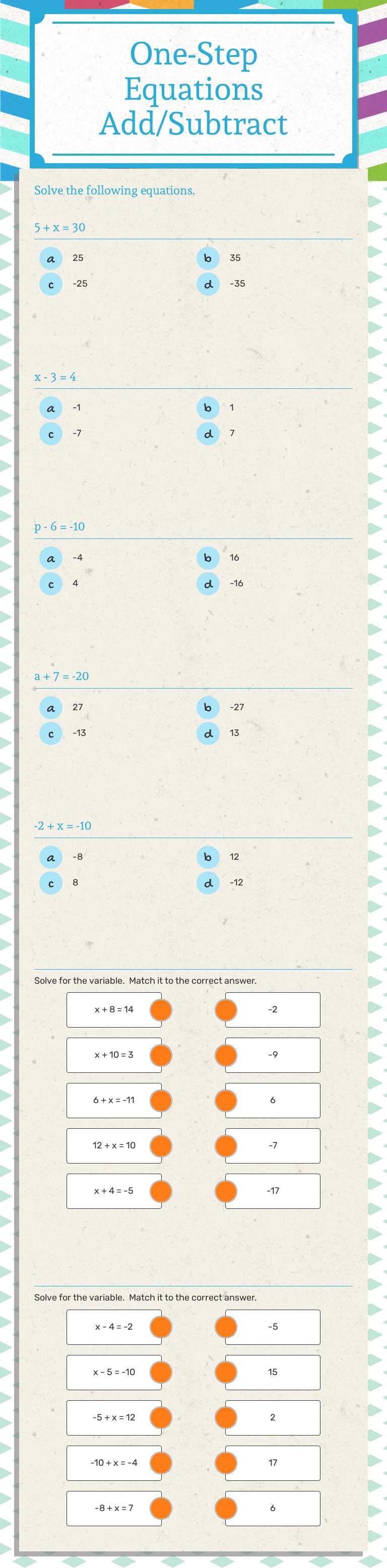 One-Step Equations Add/Subtract worksheet preview image