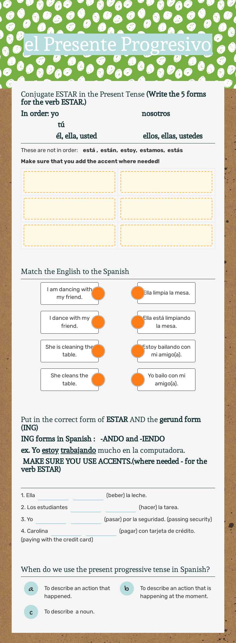 el Presente Progresivo Grade 8 worksheet preview