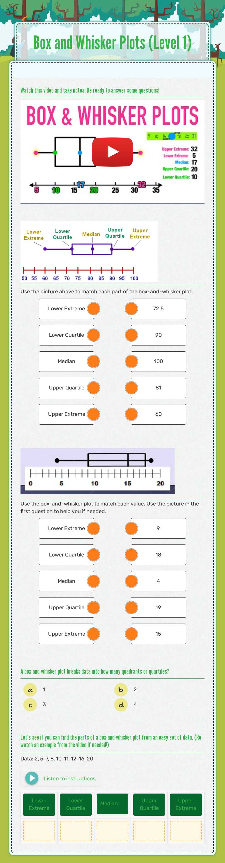 Box and Whisker Plots (Level 1) Grade 7 worksheet preview
