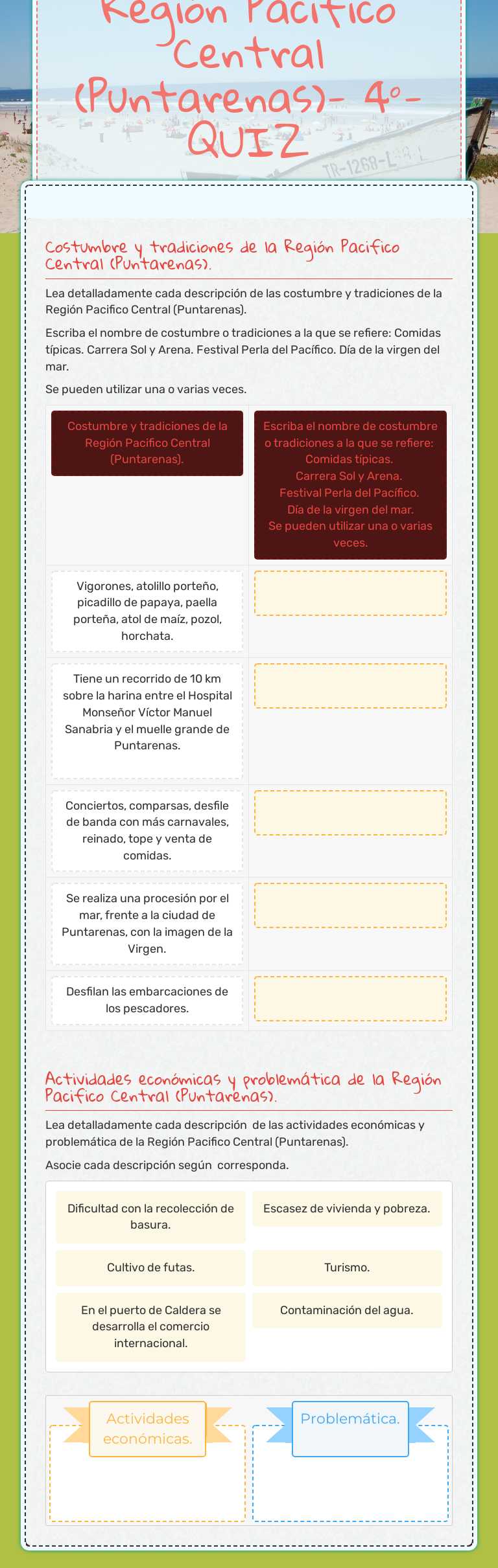 Región Pacifico Central (Puntarenas)- 4°- QUIZ worksheet preview image