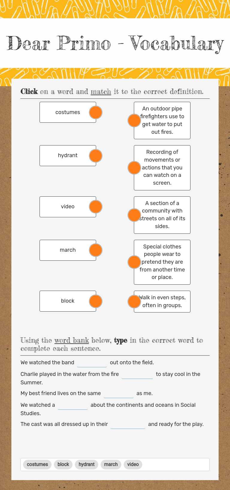 Dear Primo - Vocabulary worksheet preview image