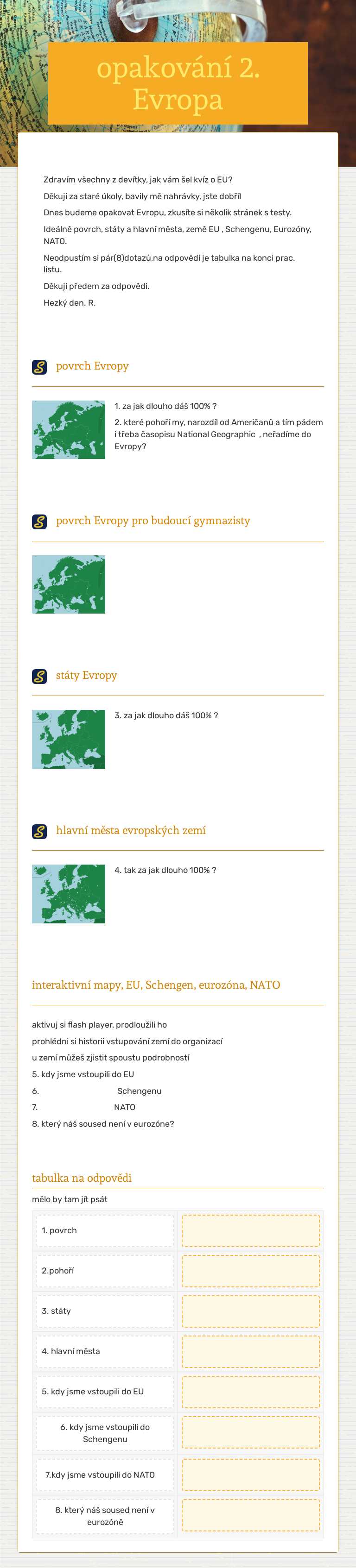 opakování 2.  Evropa worksheet preview image