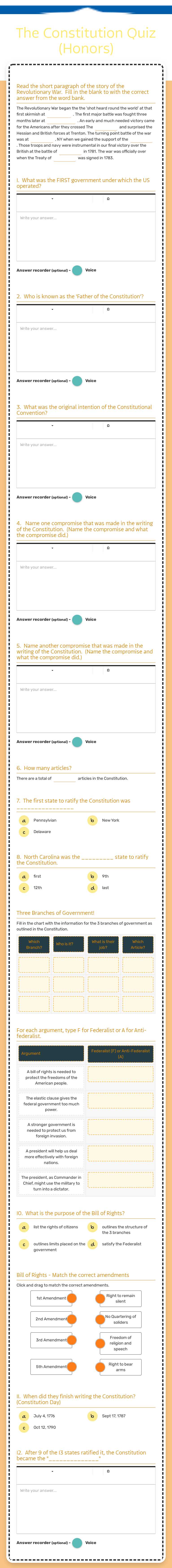 The Constitution Quiz (Honors) worksheet preview image