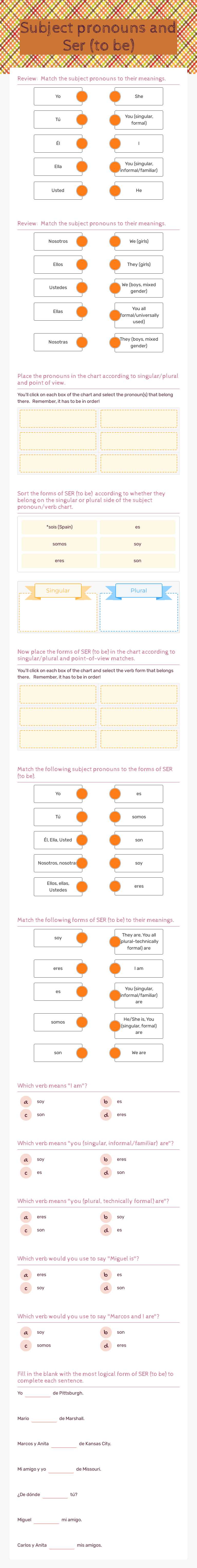 Subject pronouns and Ser (to be) worksheet preview image