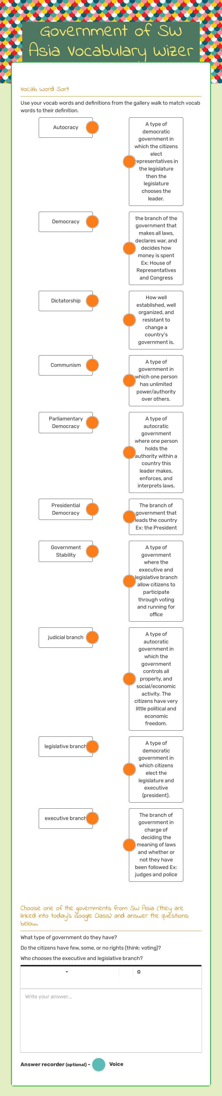 Government of SW Asia Vocabulary Wizer worksheet preview image
