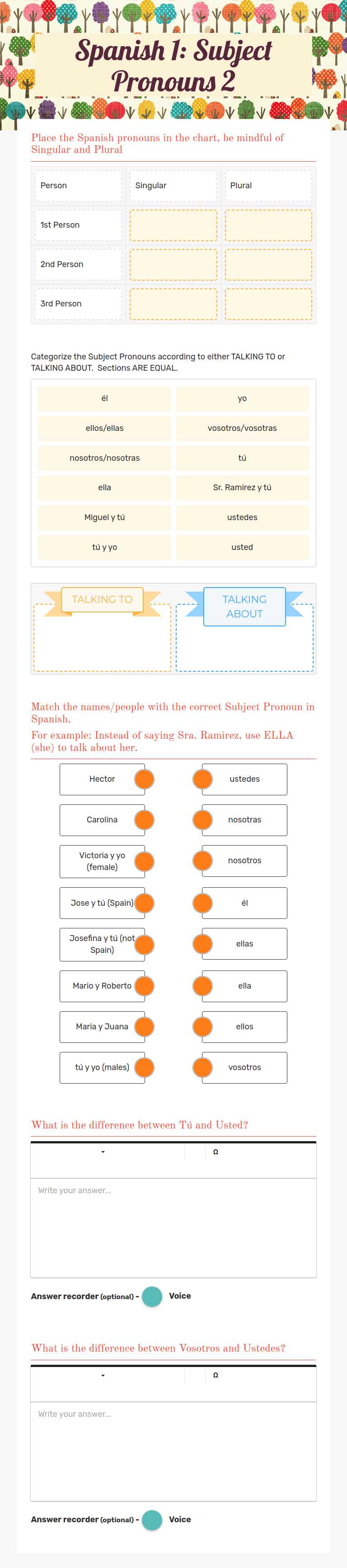 Spanish 1: Subject Pronouns 2 worksheet preview image