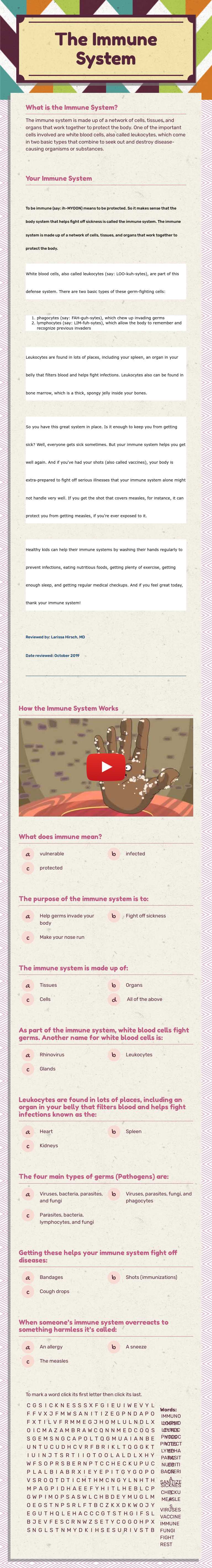 The Immune System worksheet preview image