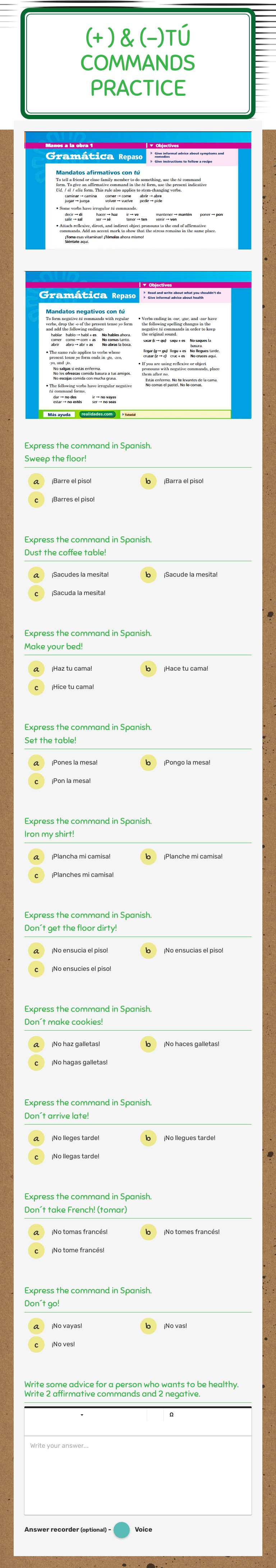(+ ) & (-)TÚ commands practice worksheet preview image