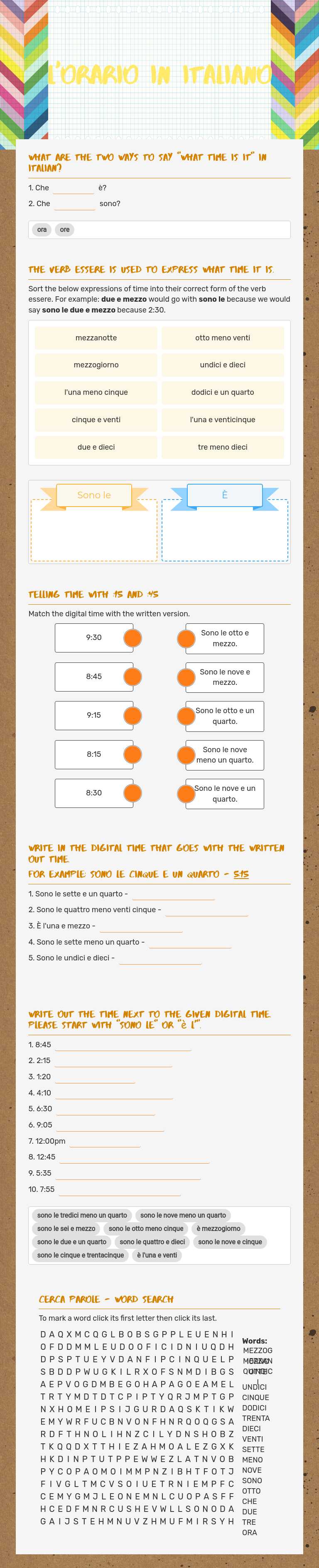 L'orario in Italiano worksheet preview image