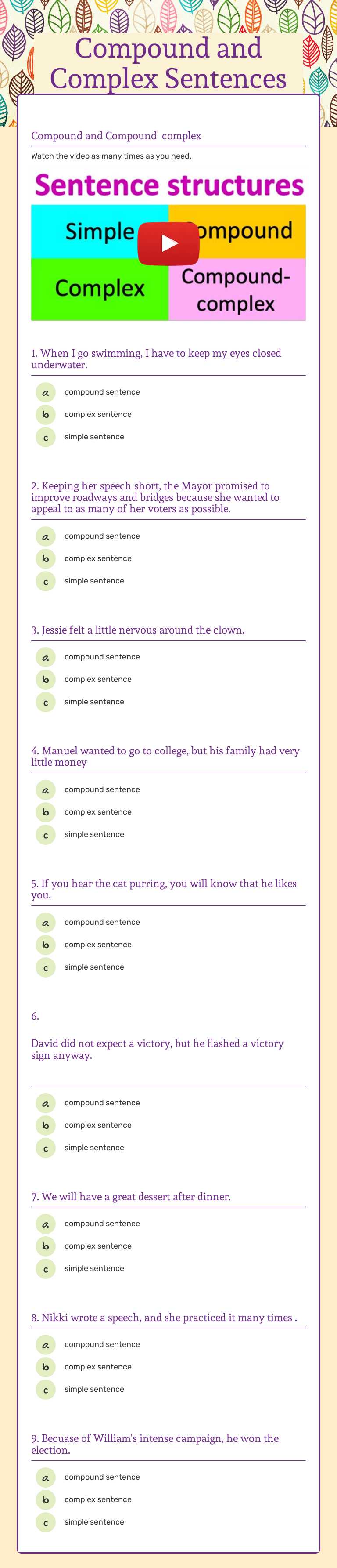 Compound and Complex Sentences worksheet preview